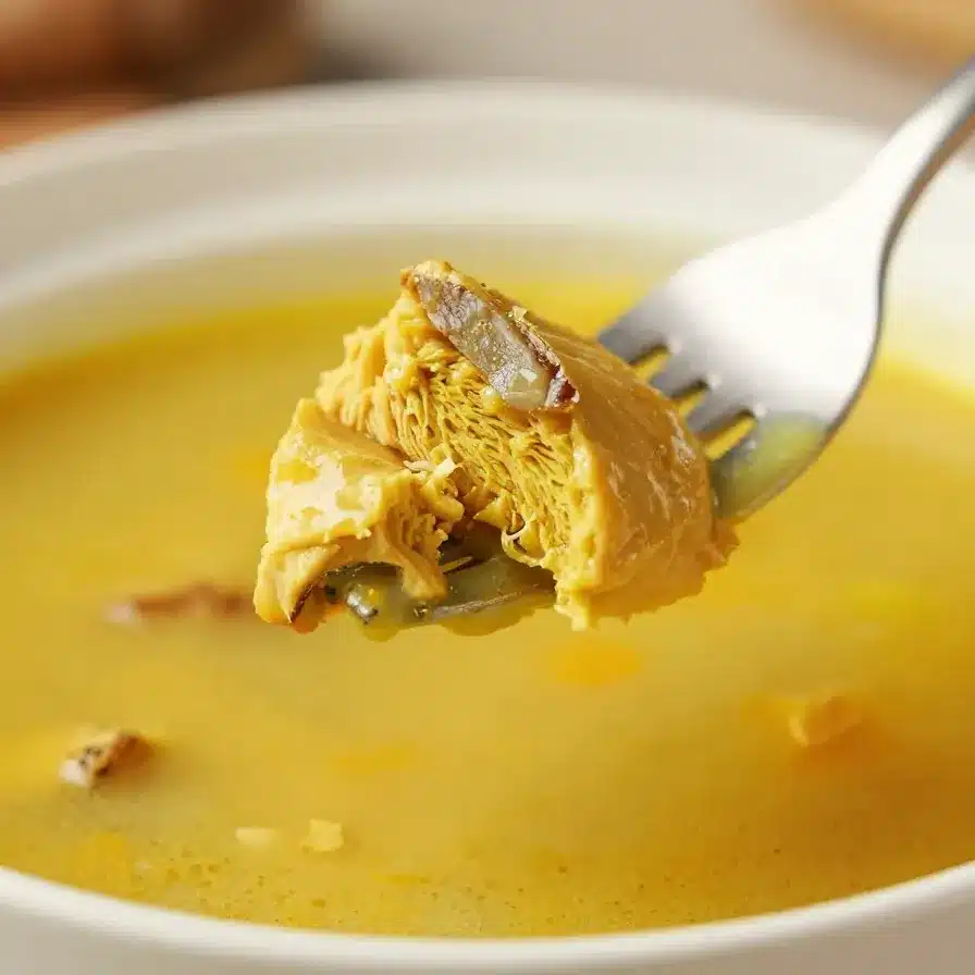 A bowl of turmeric chicken soup garnished with fresh herbs on a wooden table.