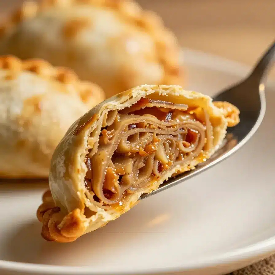 Golden brown empanadas filled with savory ingredients on a wooden table