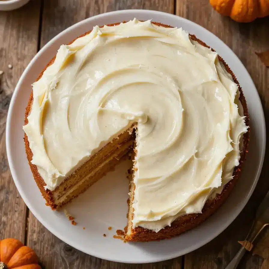 Simple and Delicious Pumpkin Spice Cake 5 A freshly baked pumpkin spice cake topped with cream cheese frosting on a wooden table.