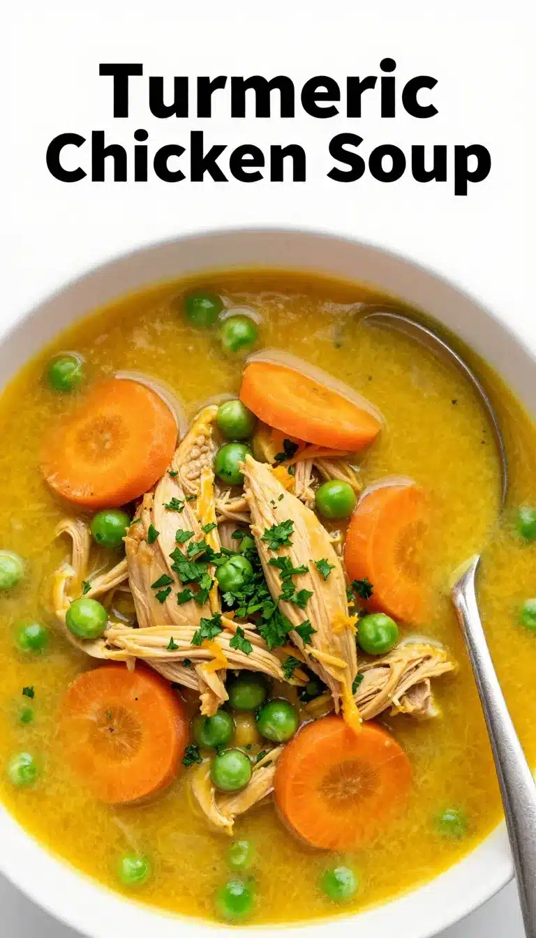 A bowl of turmeric chicken soup garnished with fresh herbs on a wooden table.