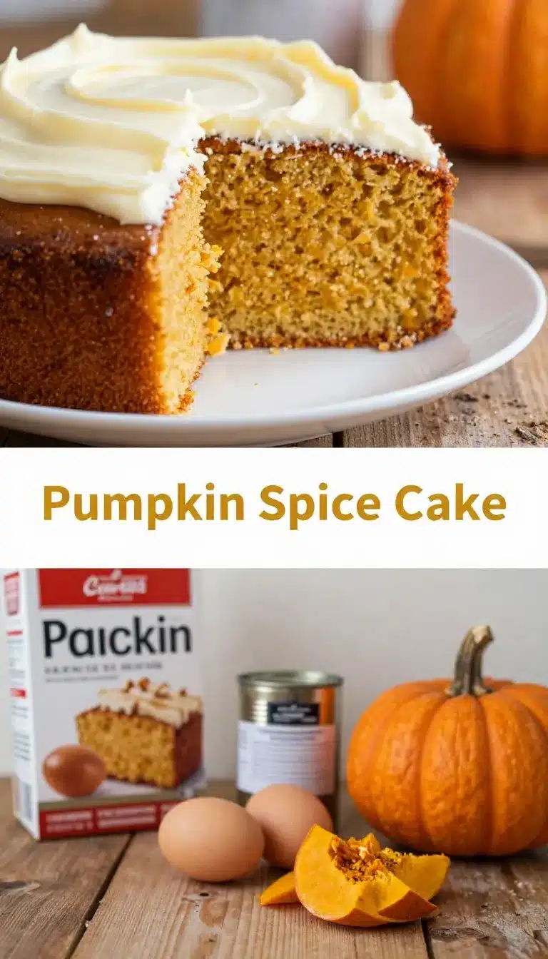 Simple and Delicious Pumpkin Spice Cake 9 A freshly baked pumpkin spice cake topped with cream cheese frosting on a wooden table.