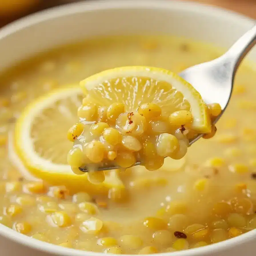 Healing Golden Lemon Lentil Soup 5 A bowl of golden lemon lentil soup garnished with fresh herbs and lemon slices.