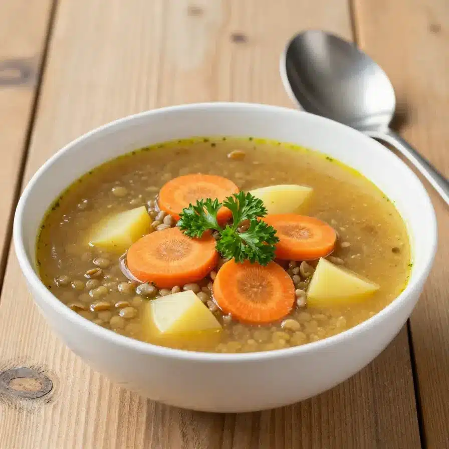 Hearty Lentil Potato Soup Recipe 5 A bowl of hearty lentil potato soup garnished with fresh parsley.