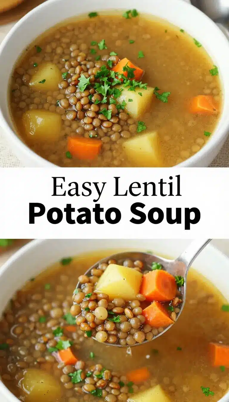 Hearty Lentil Potato Soup Recipe 9 A bowl of hearty lentil potato soup garnished with fresh parsley.