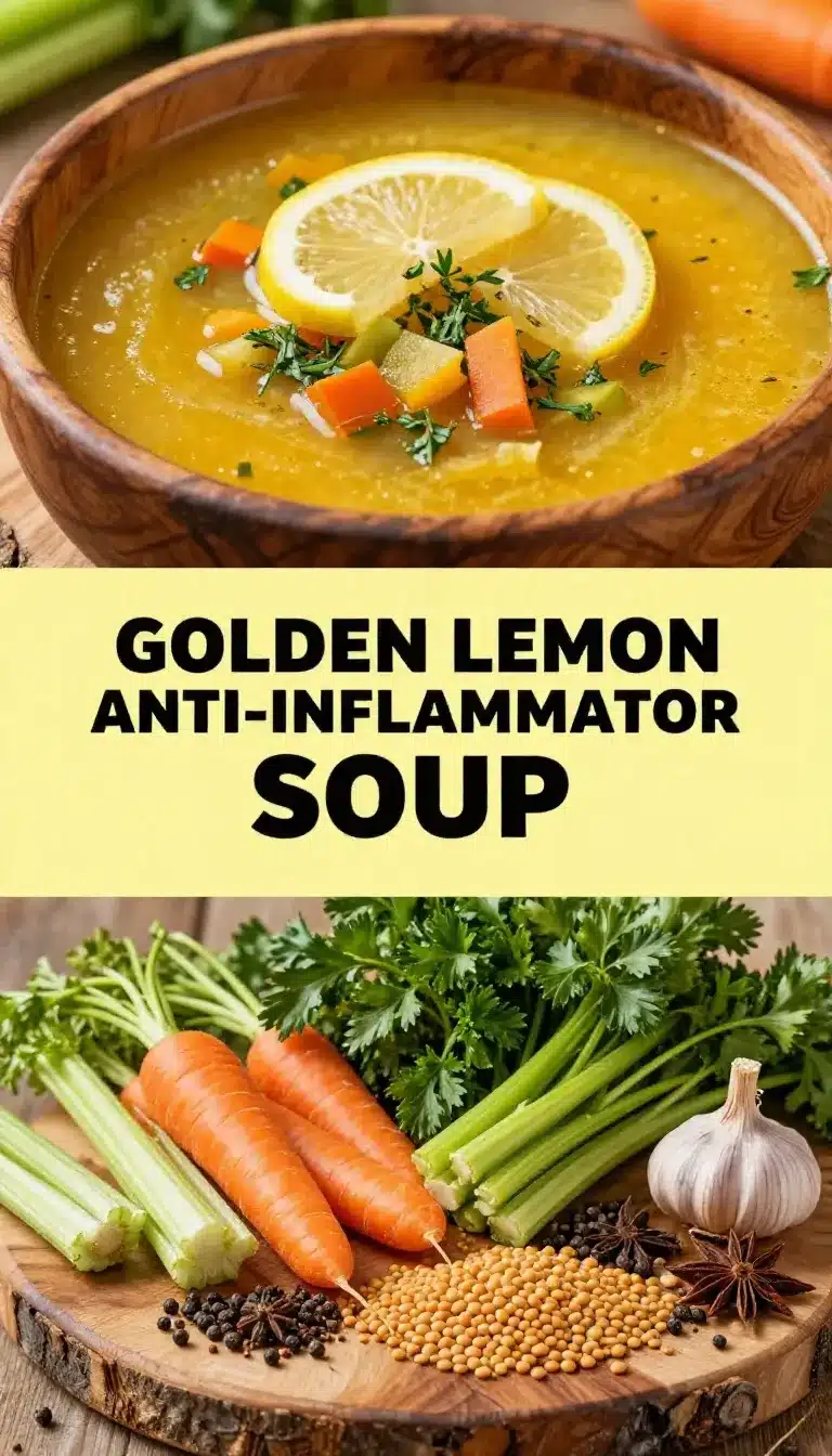 Healing Golden Lemon Lentil Soup 9 A bowl of golden lemon lentil soup garnished with fresh herbs and lemon slices.