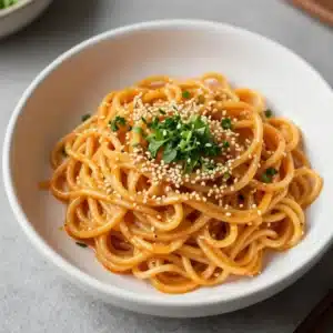 A bowl of homemade buldak carbonara ramen topped with shredded cheese and parsley.