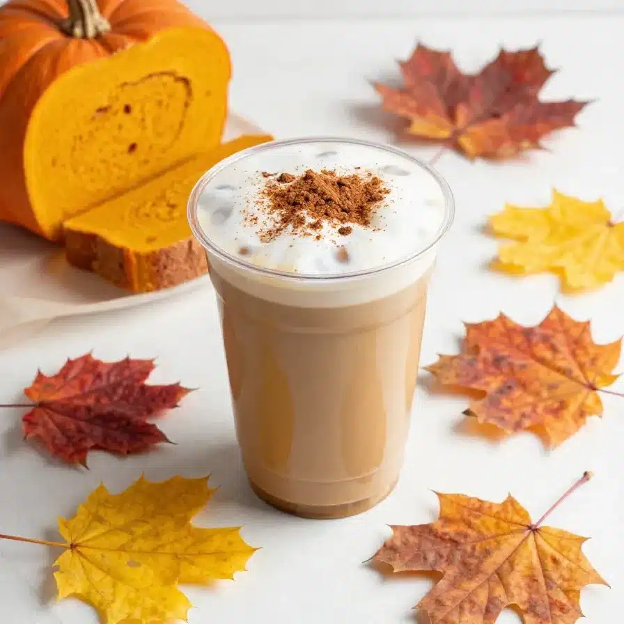 Iced Pumpkin Cream Chai Latte 8 A glass of iced pumpkin cream chai latte topped with frothy cream and a sprinkle of cinnamon.