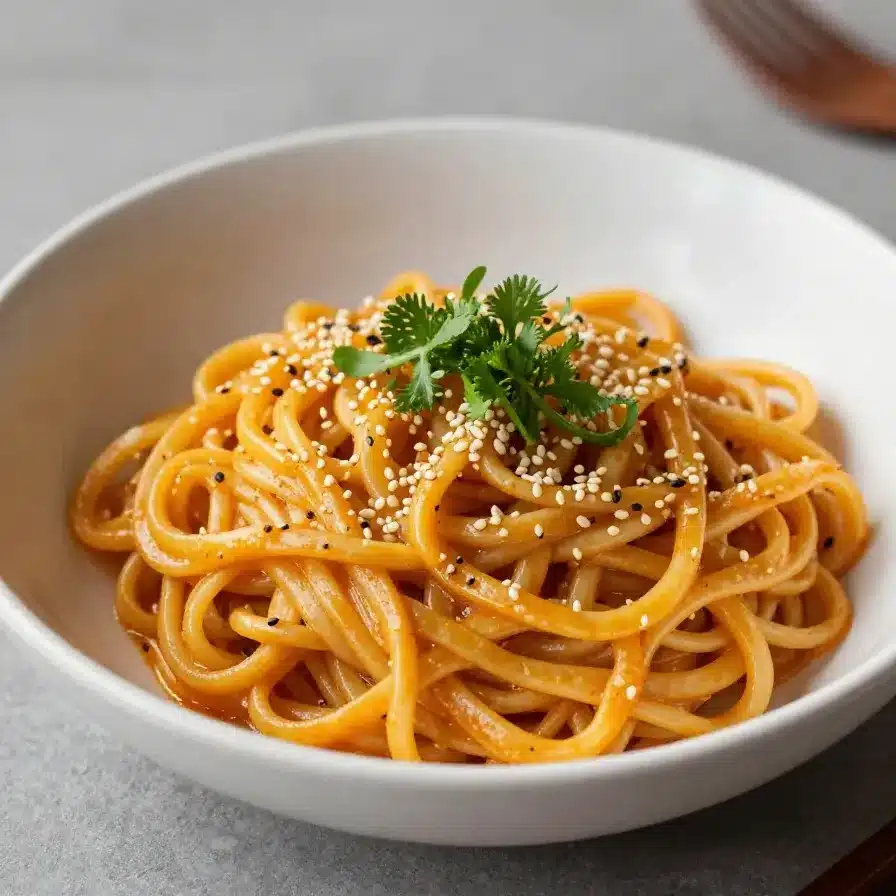 Homemade buldak carbonara ramen 5 A bowl of homemade buldak carbonara ramen topped with shredded cheese and parsley.