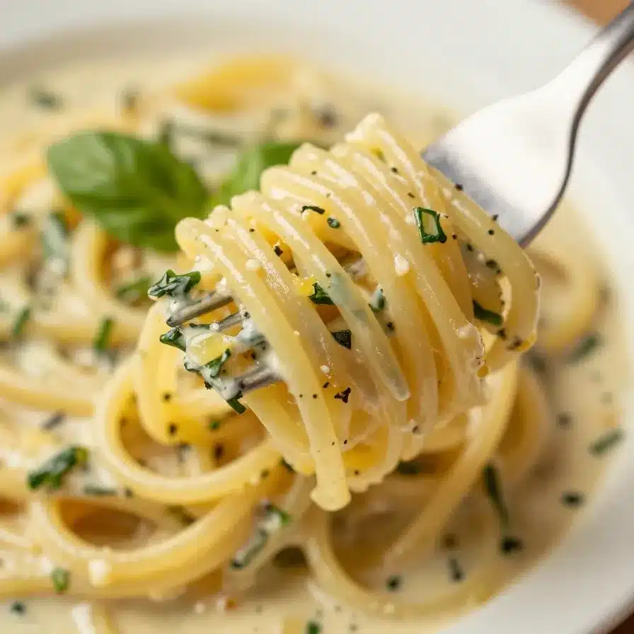 A bowl of creamy leek and garlic spaghetti garnished with fresh parsley.