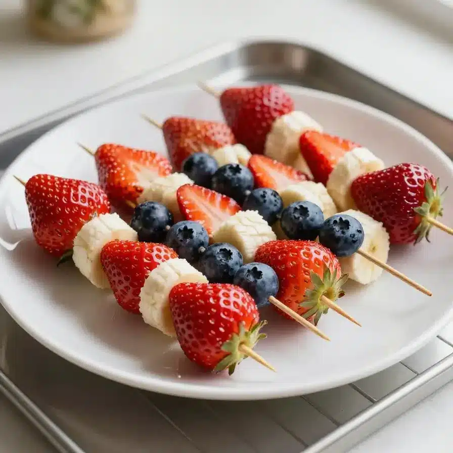 Colorful fruit kabobs featuring strawberries, blueberries, and bananas arranged for a 4th of July celebration