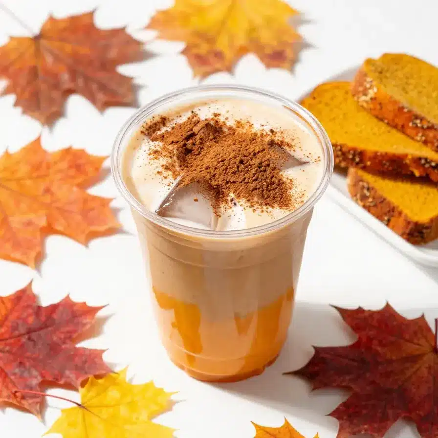 Iced Pumpkin Cream Chai Latte 5 A glass of iced pumpkin cream chai latte topped with frothy cream and a sprinkle of cinnamon.