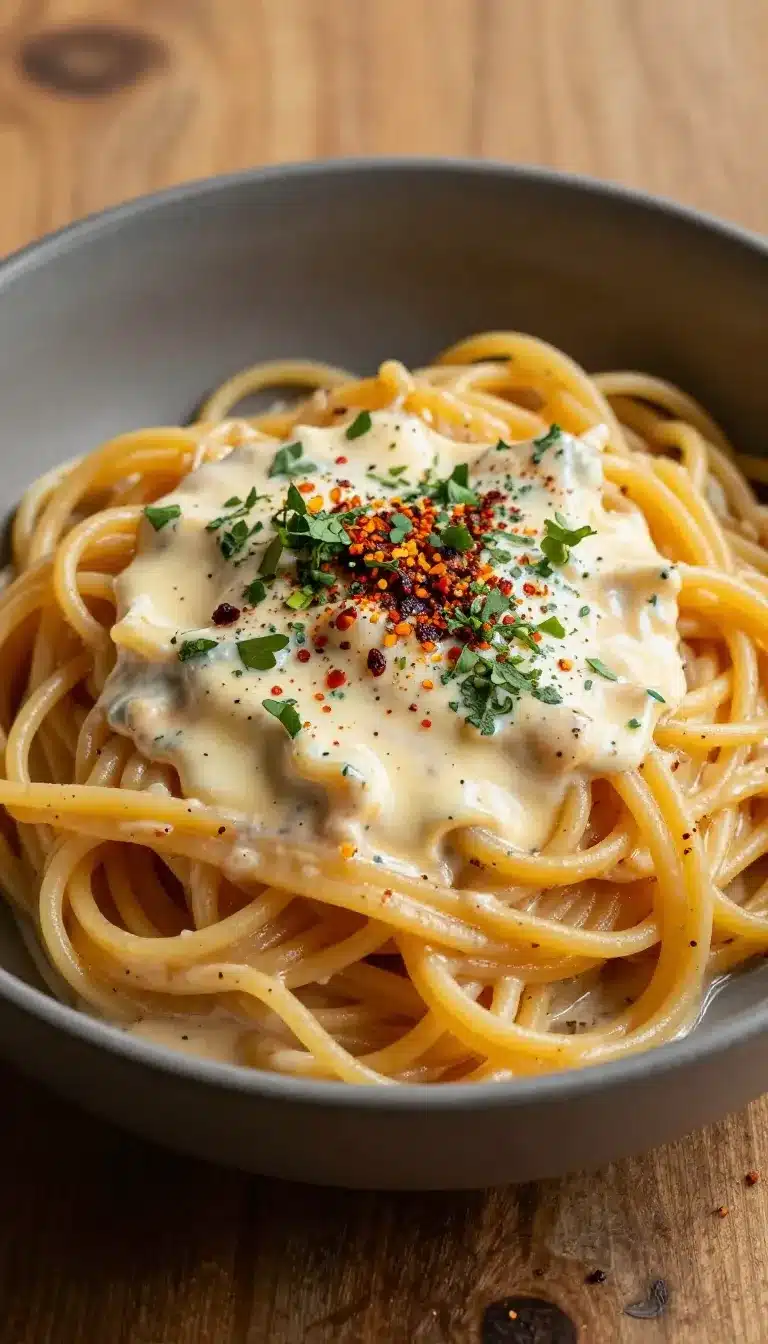 A bowl of Buldak Carbonara topped with cheese and green onions