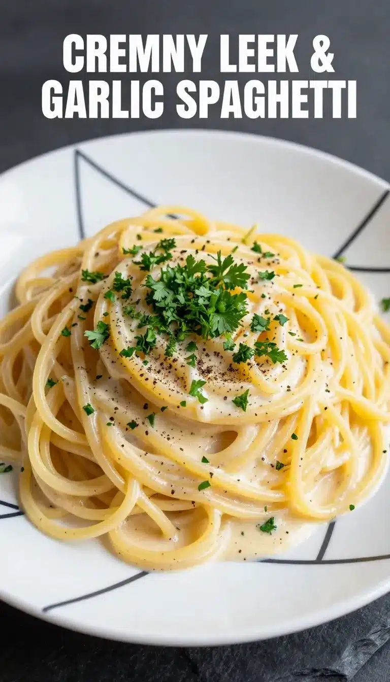 A bowl of creamy leek and garlic spaghetti garnished with fresh parsley.
