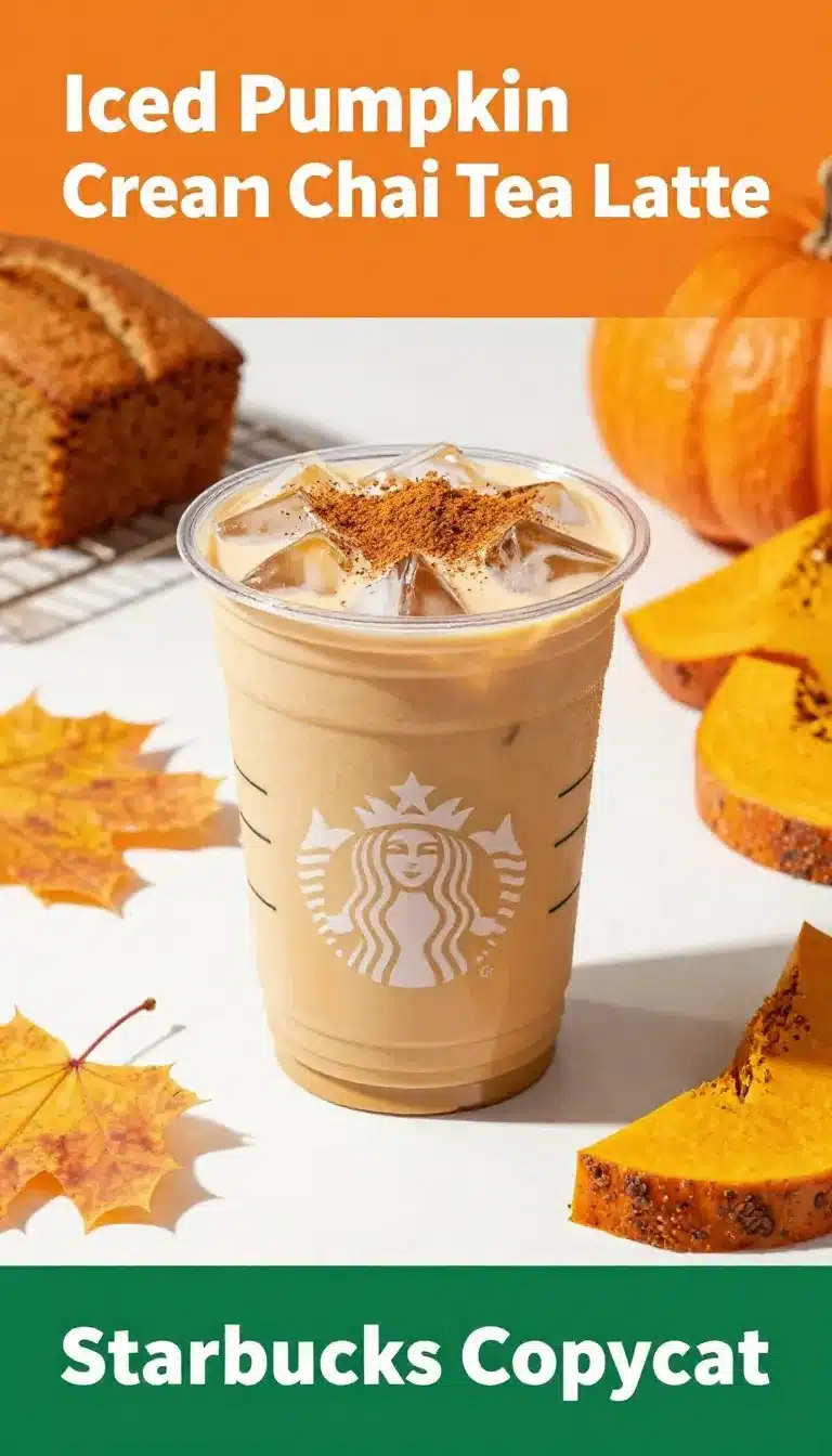 Iced Pumpkin Cream Chai Latte 9 A glass of iced pumpkin cream chai latte topped with frothy cream and a sprinkle of cinnamon.