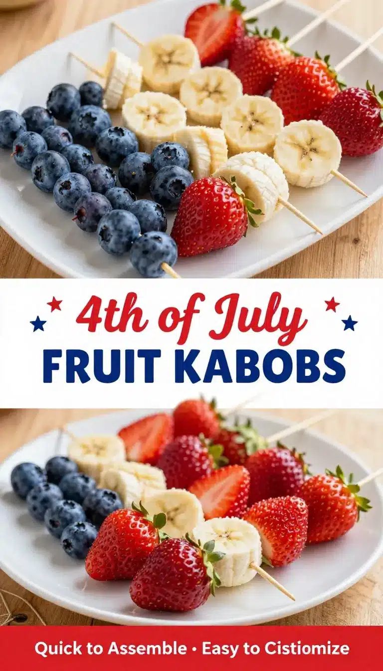 Colorful fruit kabobs featuring strawberries, blueberries, and bananas arranged for a 4th of July celebration