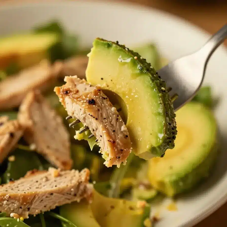 A bowl of healthy avocado chicken salad with fresh vegetables.