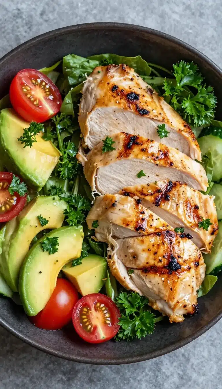 A bowl of healthy avocado chicken salad with fresh vegetables.