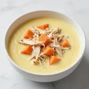 A bowl of homemade anti-inflammatory cauliflower chicken soup garnished with fresh herbs.