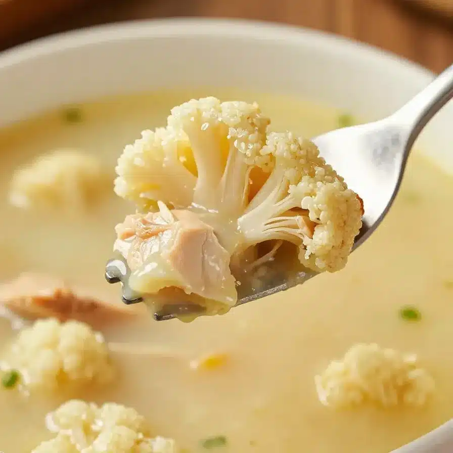 A bowl of homemade anti-inflammatory cauliflower chicken soup garnished with fresh herbs.