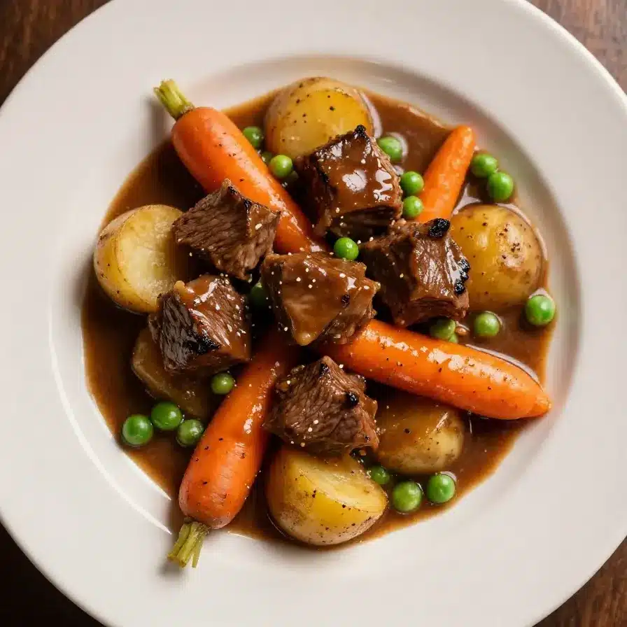 Slow Cooker Beef Stew with Carrots and Potatoes 5 A hearty slow cooker beef stew with chunks of carrots and potatoes served in a white bowl.