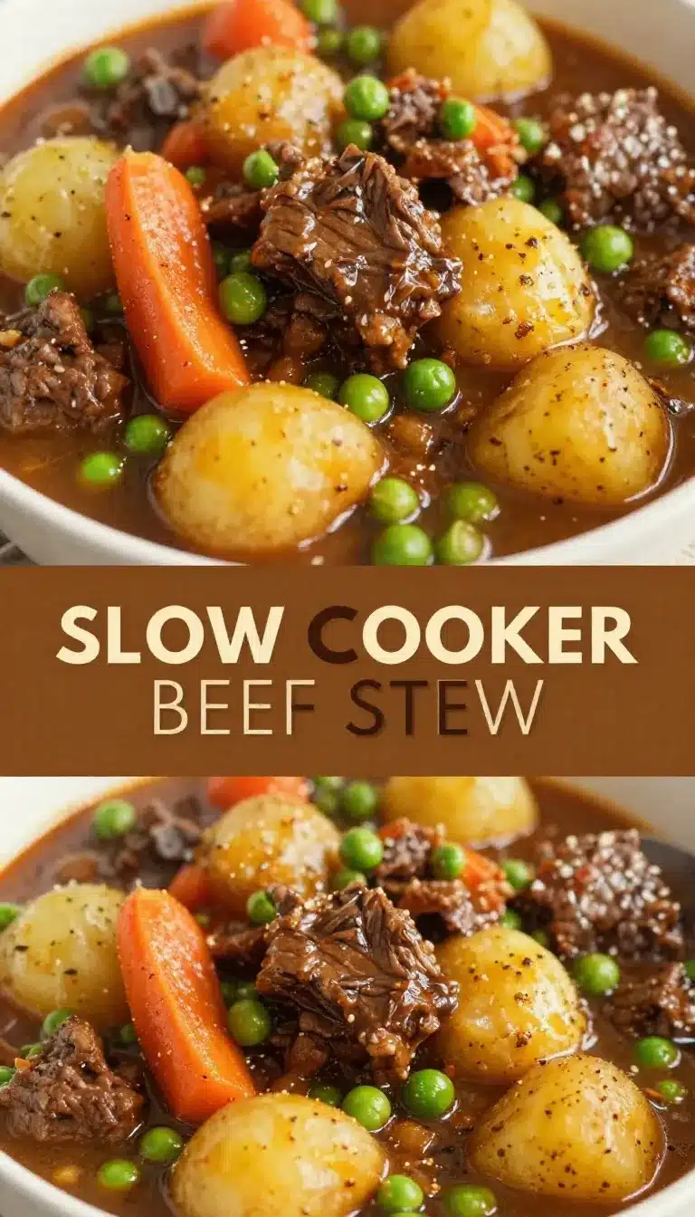 Slow Cooker Beef Stew with Carrots and Potatoes 9 A hearty slow cooker beef stew with chunks of carrots and potatoes served in a white bowl.