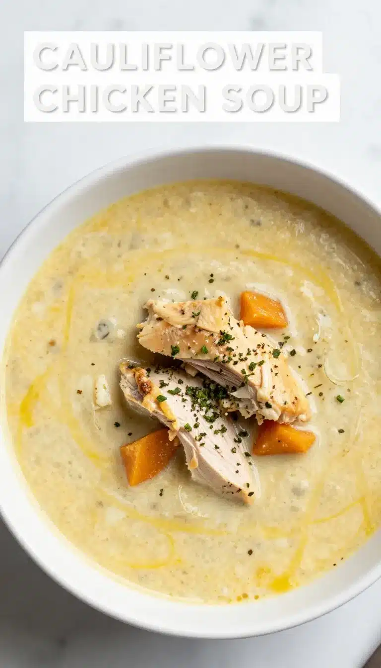 A bowl of homemade anti-inflammatory cauliflower chicken soup garnished with fresh herbs.