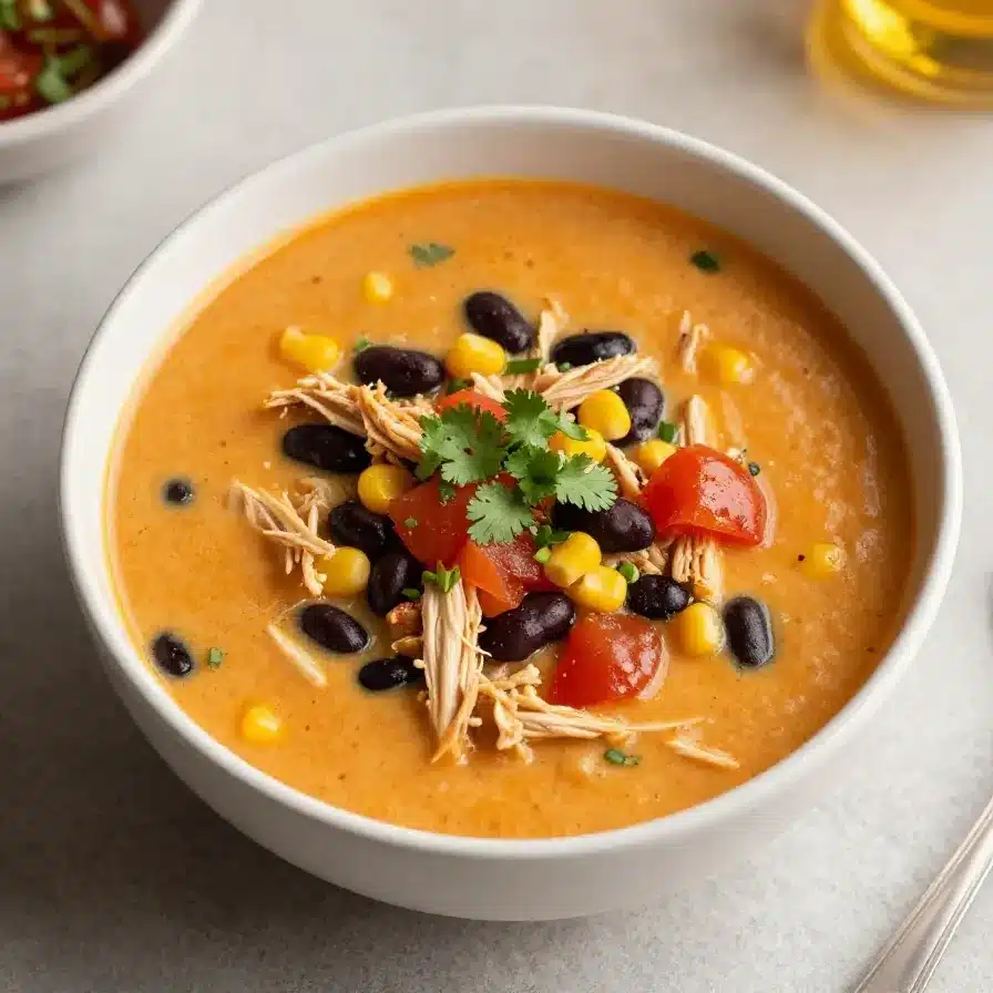 Easy Chicken Enchilada Soup Recipe 5 A bowl of easy chicken enchilada soup topped with shredded cheese, sour cream, and fresh cilantro.