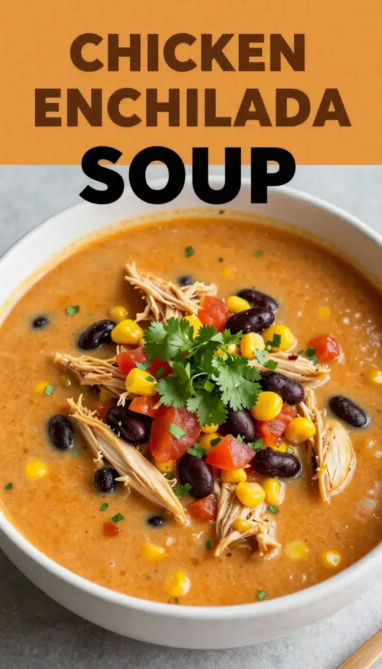 Easy Chicken Enchilada Soup Recipe 9 A bowl of easy chicken enchilada soup topped with shredded cheese, sour cream, and fresh cilantro.