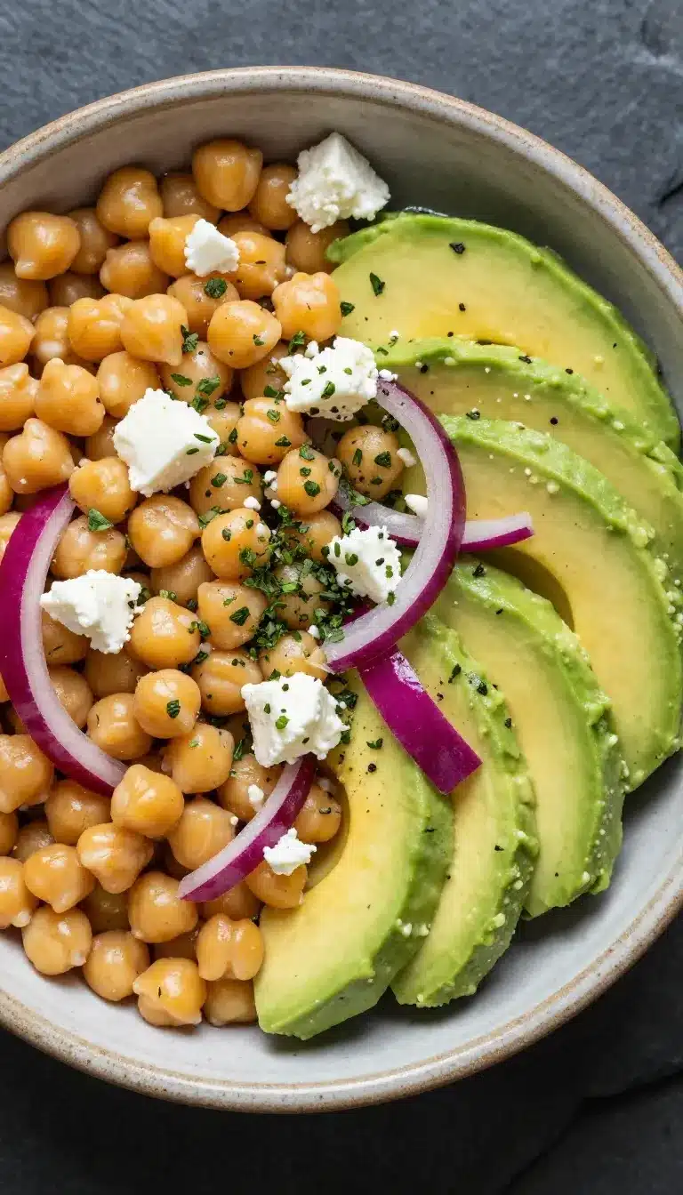 Chickpea Feta Avocado Salad 9 A vibrant bowl of chickpea, feta, and avocado salad with fresh herbs and vegetables.