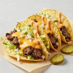 Close-up of smash burger tacos with melted cheese and fresh toppings on a wooden plate.