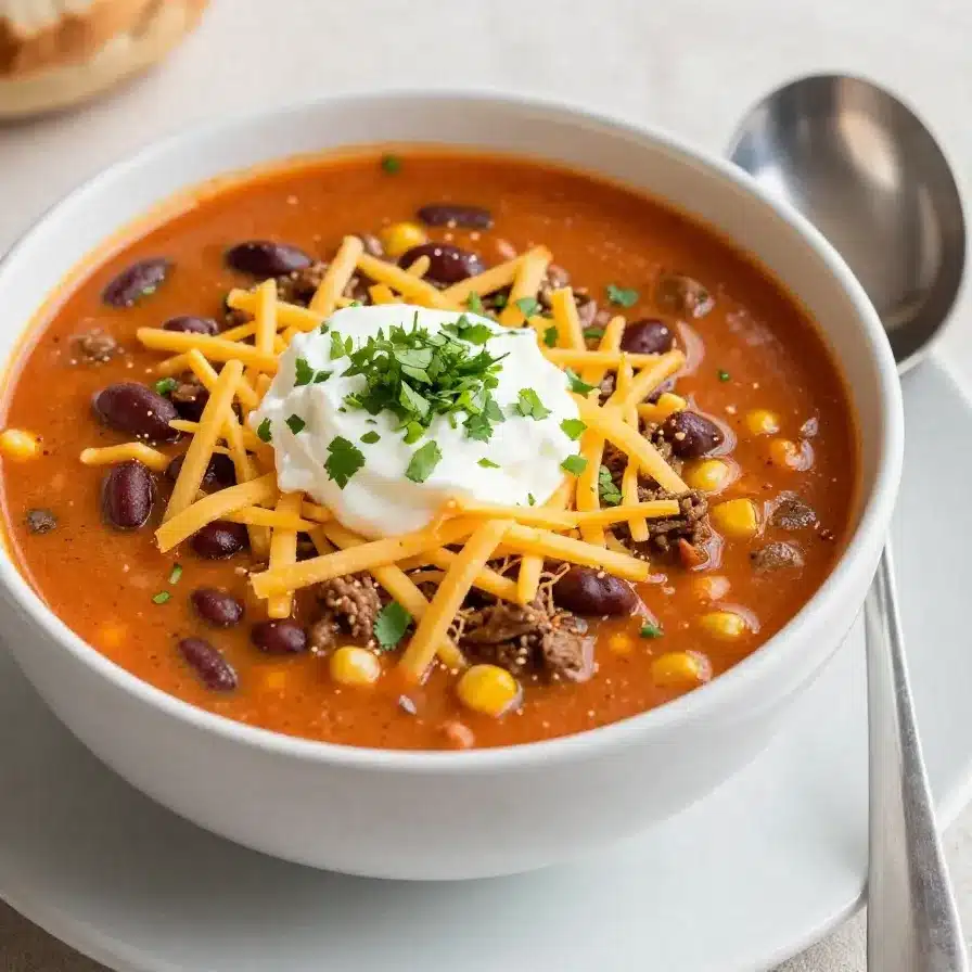 The Best Taco Soup Recipe 5 A bowl of homemade taco soup topped with shredded cheese and tortilla chips.