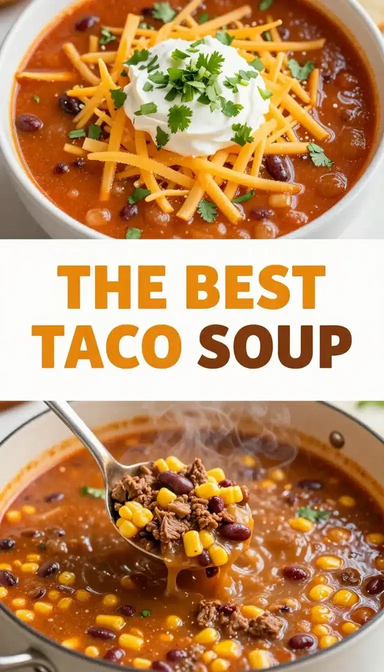 The Best Taco Soup Recipe 9 A bowl of homemade taco soup topped with shredded cheese and tortilla chips.