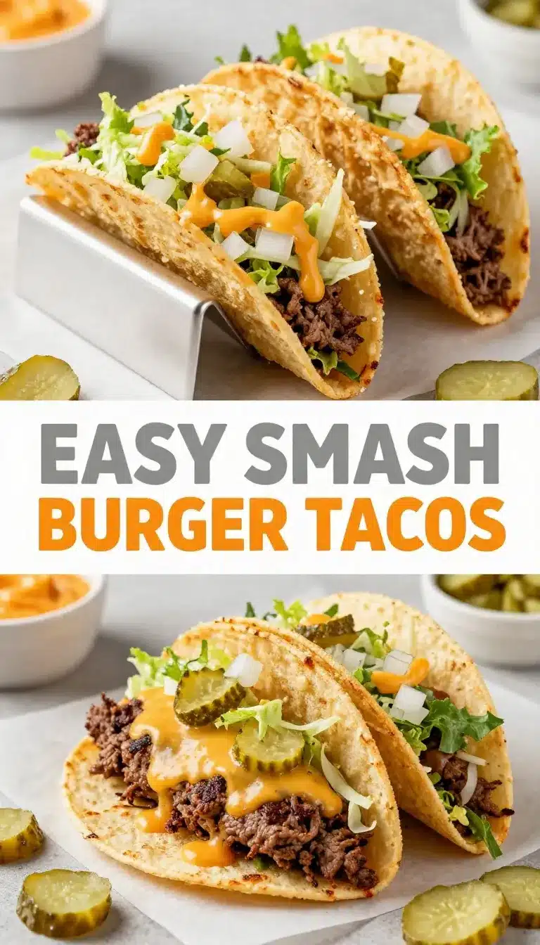 Smash Burger Tacos 8 Close-up of smash burger tacos with melted cheese and fresh toppings on a wooden plate.