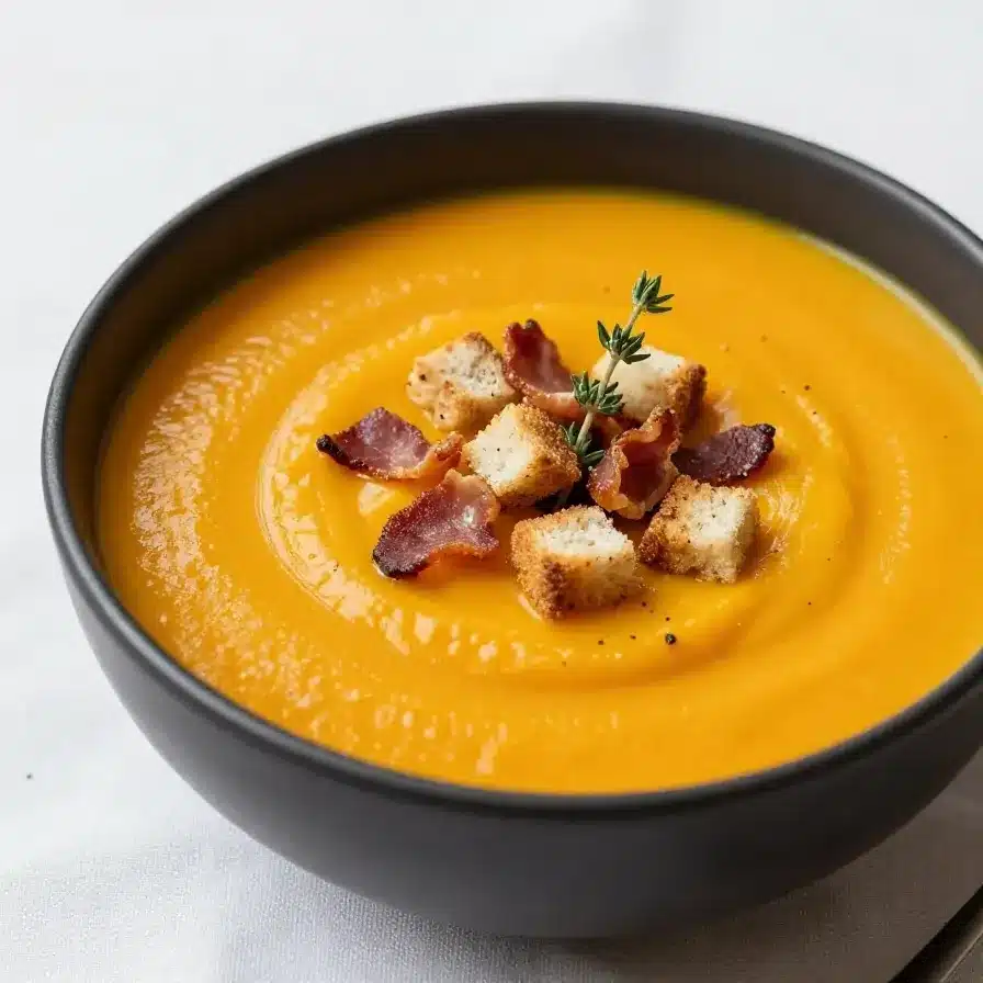 Creamy and Delicious Pumpkin Soup Recipe for a Cozy Fall Meal 5 A bowl of creamy pumpkin soup garnished with parsley and served with bread on the side.