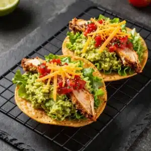 A plate of chicken guacamole and bean tostadas topped with fresh cilantro and lime wedges.