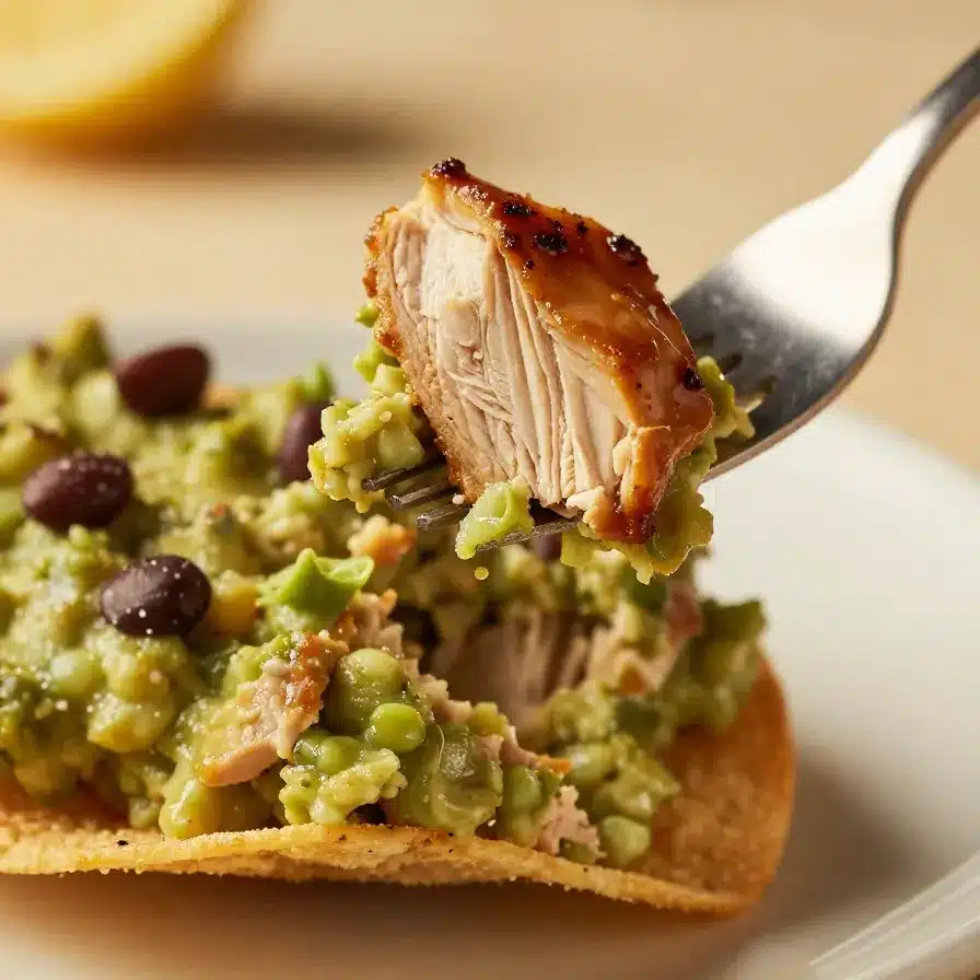 Chicken Guacamole and Bean Tostadas 5 A plate of chicken guacamole and bean tostadas topped with fresh cilantro and lime wedges.