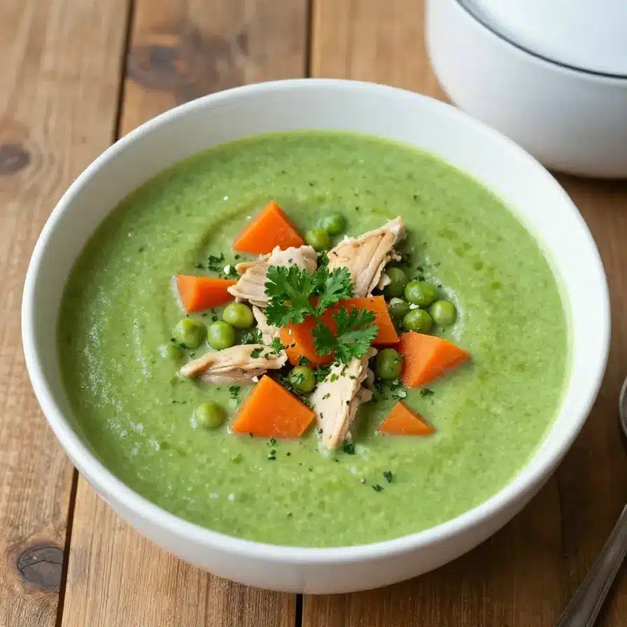 Best Split Pea Soup Recipe (with Ham Bone) 5 A bowl of homemade split pea soup with ham bone, garnished with fresh parsley.