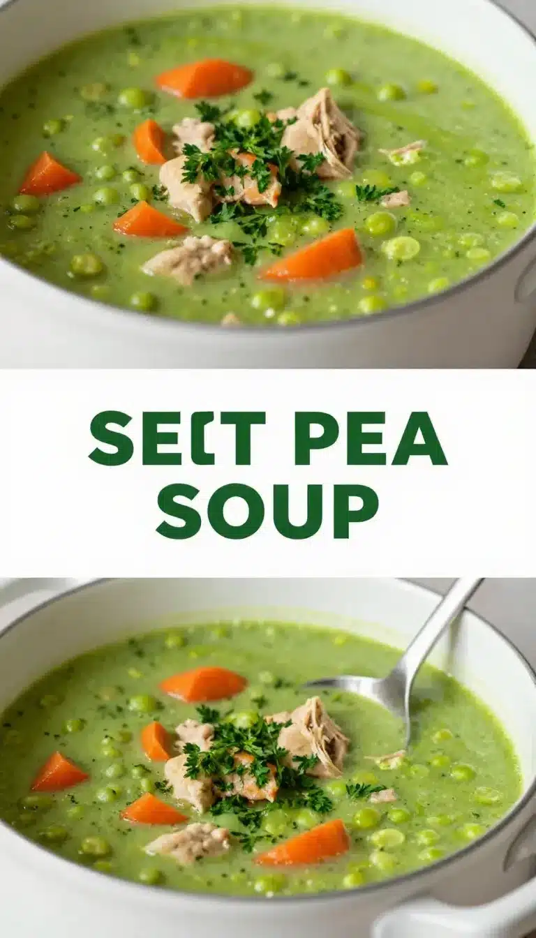 Best Split Pea Soup Recipe (with Ham Bone) 9 A bowl of homemade split pea soup with ham bone, garnished with fresh parsley.