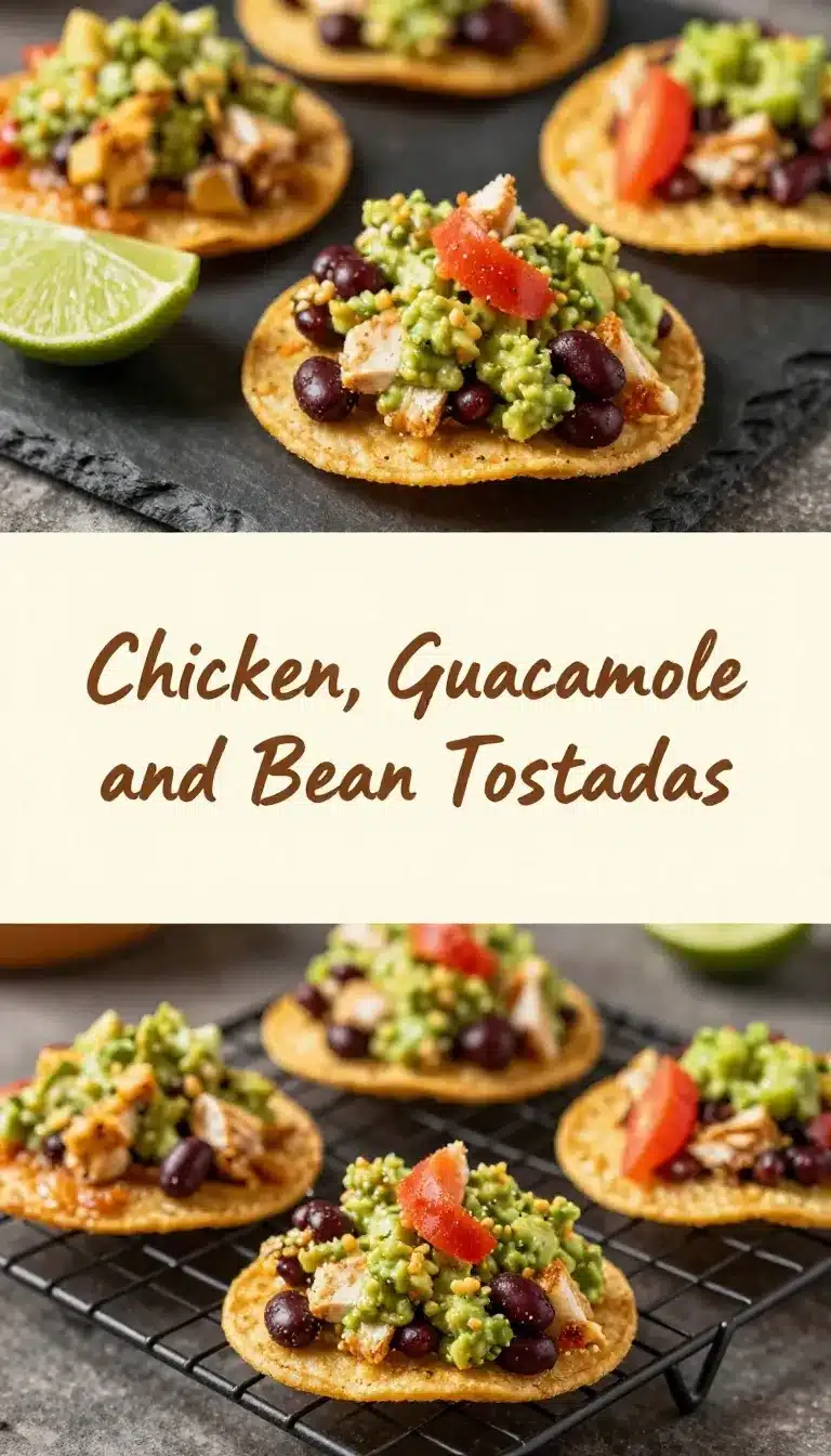 Chicken Guacamole and Bean Tostadas 9 A plate of chicken guacamole and bean tostadas topped with fresh cilantro and lime wedges.