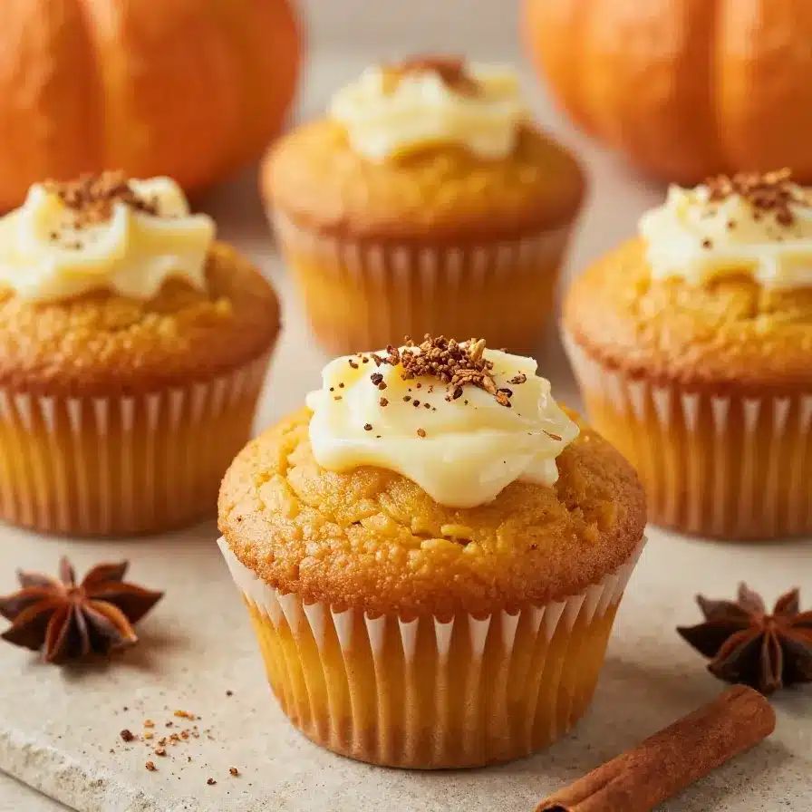 How To Make Pumpkin Cream Cheese Muffins From Scratch 8 Freshly baked pumpkin cream cheese muffins on a wooden table surrounded by autumn decorations.