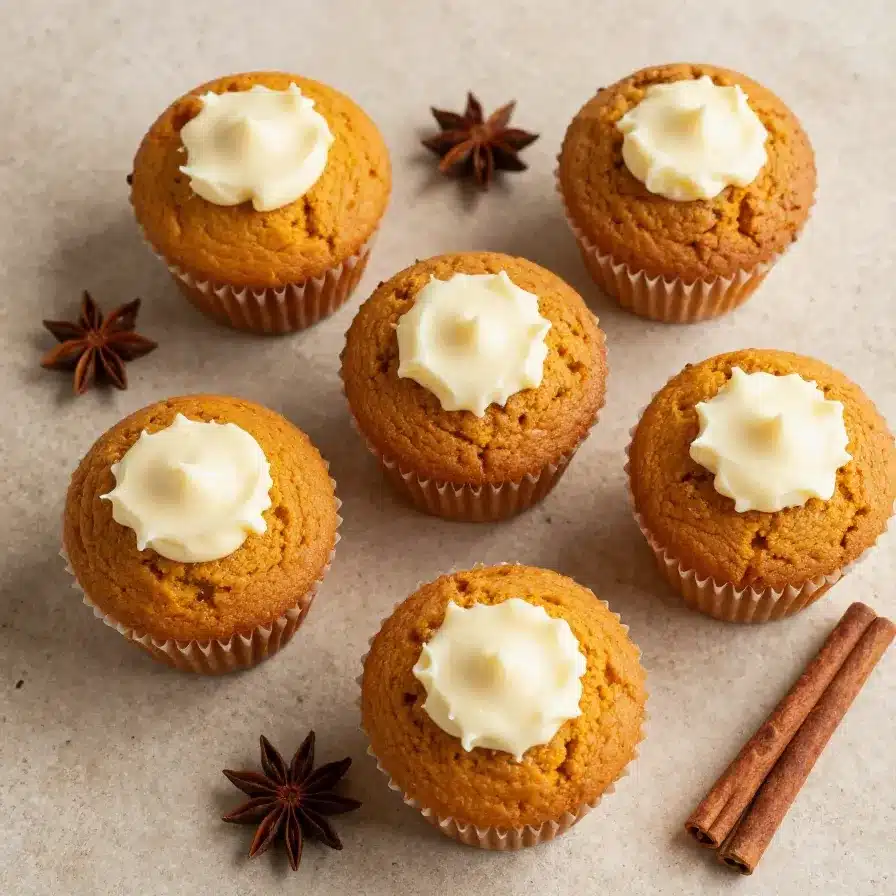 How To Make Pumpkin Cream Cheese Muffins From Scratch 5 Freshly baked pumpkin cream cheese muffins on a wooden table surrounded by autumn decorations.