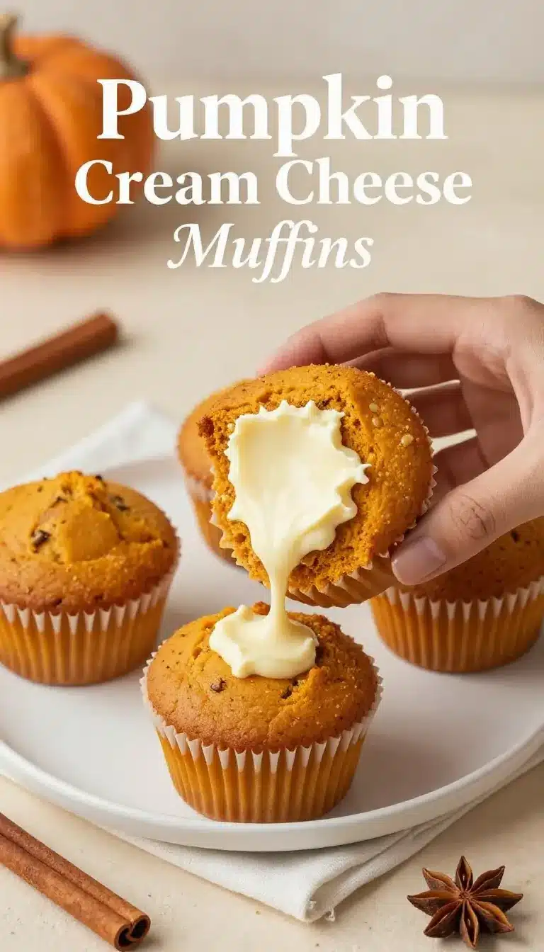 How To Make Pumpkin Cream Cheese Muffins From Scratch 9 Freshly baked pumpkin cream cheese muffins on a wooden table surrounded by autumn decorations.