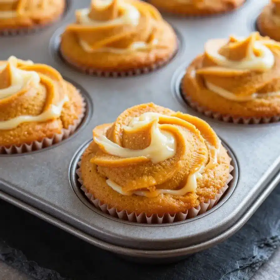 Pumpkin Cream Cheese Swirl Muffins 8 Close-up of pumpkin cream cheese swirl muffins on a wooden table.