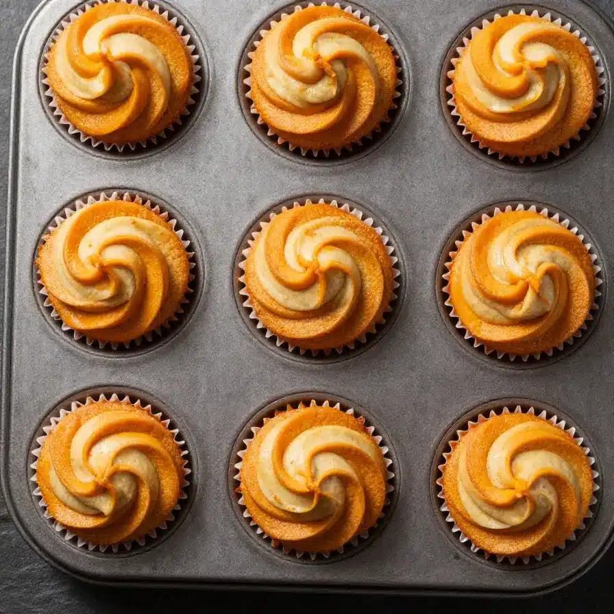 Pumpkin Cream Cheese Swirl Muffins 5 Close-up of pumpkin cream cheese swirl muffins on a wooden table.
