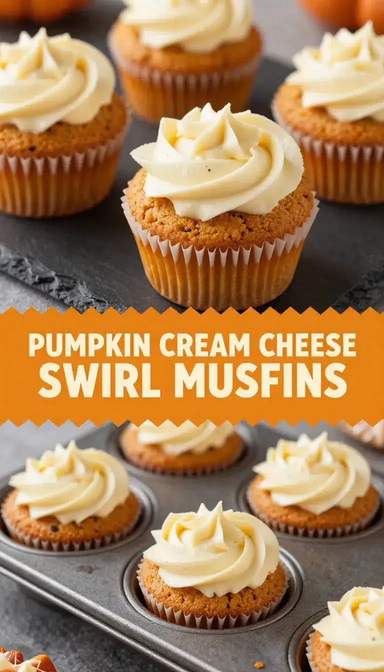Pumpkin Cream Cheese Swirl Muffins 9 Close-up of pumpkin cream cheese swirl muffins on a wooden table.