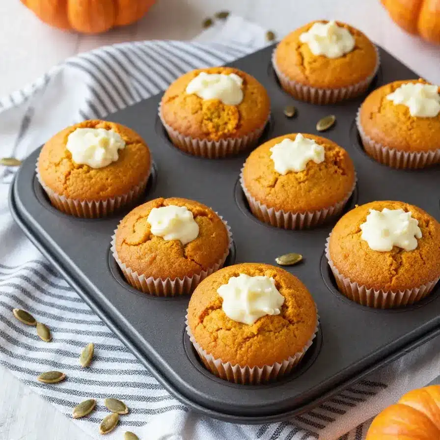 Pumpkin Cream Cheese Muffins 5 Close-up of freshly baked pumpkin cream cheese muffins on a wooden table.