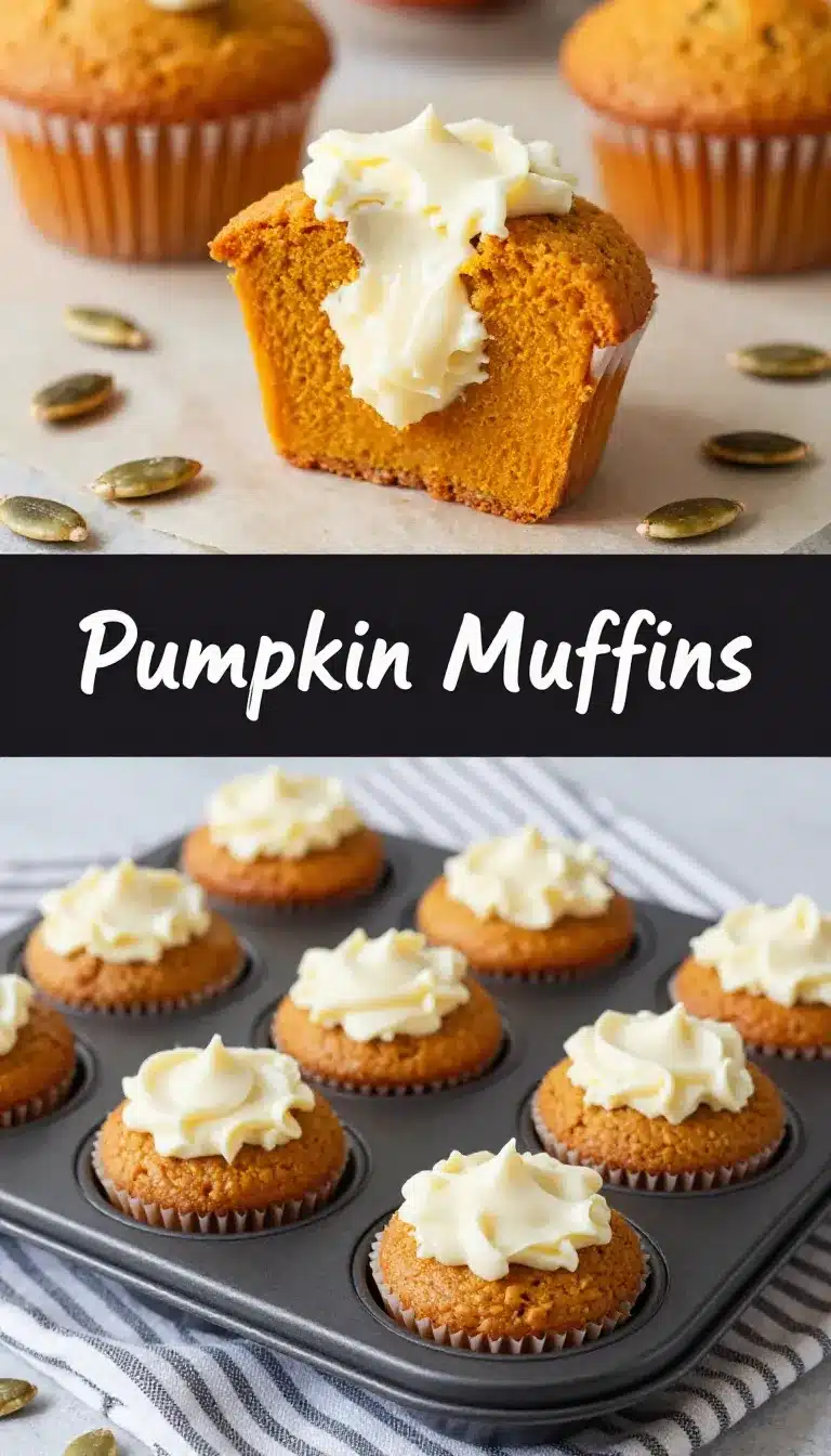 Pumpkin Cream Cheese Muffins 9 Close-up of freshly baked pumpkin cream cheese muffins on a wooden table.