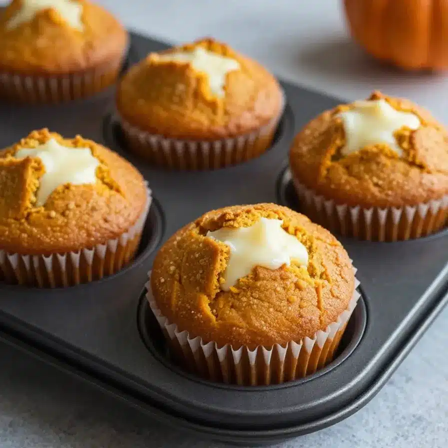 A Starbucks Pumpkin Cream Cheese Muffin displayed on a white plate with a cup of coffee in the background.