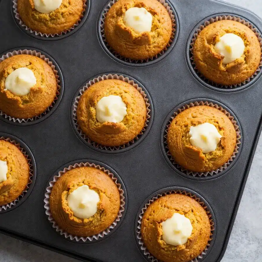 A Starbucks Pumpkin Cream Cheese Muffin displayed on a white plate with a cup of coffee in the background.