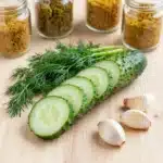 A jar of homemade garlic dill pickles surrounded by fresh dill and garlic cloves.